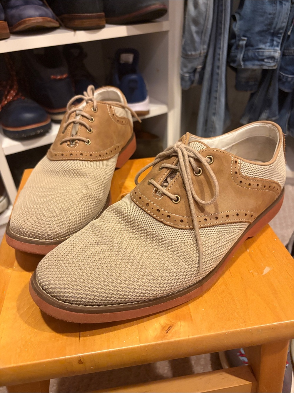 Johnston & Murphy Beige Knit and Tan Leather Derby Shoes